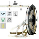 LED strip SMD2216 CW, 120LED/m, 7,2W/m, 558lm/m, IP54, DC 24V, 10mm, 5m
