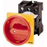 P1-25/V/SVB/N Main switch, P1, 25 A, rear mounting, 3 pole + N, Emergency switching off function, With red rotary handle and yellow locking ring, Lockable in the 0