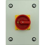 Main switch, P1, 40 A, surface mounting, 3 pole, 1 N/O, 1 N/C, Emergency switching off function, With red rotary handle and yellow locking ring, Locka