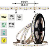LED strip SMD2835 WW, 160LED/m, 9W/m, DC 24V, 1100lm/m, CRI90, IP20, 10mm, 5m