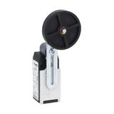 Limit switch, K series, adjustable roller lever, 1 bottom cable entry. Dimensions to EN 50047, plastic body, contacts 3NC slow action. Rubber roller with offset alignment