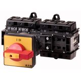 T6-160-6/V/SVB/HI11 Main switch, T6, 160 A, rear mounting, 6 contact unit(s), 6 pole, 1 N/O, 1 N/C, Emergency switching off function, With red rotary handle and yellow lo