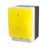 Palm switch, illuminated, momentary,yellow mushroom button, with enclosure