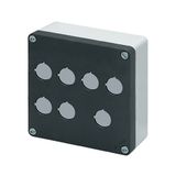 Aluminium push-button enclosure M10 140x140x65, 7 holes Ø 22, without cable entry