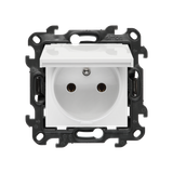 Single socket outlet with earthing for IP44 version without frame seal, without shutters, Push In system, (module), Simon 24, IP44, 16A, white, Flap color: Same as a cover