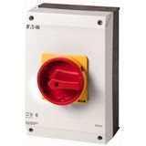 P3-63/I4/SVB/HI11-NA Main switch, P3, 63 A, surface mounting, 3 pole, 1 N/O, 1 N/C, Emergency switching off function, With red rotary handle and yellow locking ring, UL/CS