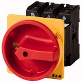 P3-100/V/SVB/N Main switch, P3, 100 A, rear mounting, 3 pole + N, Emergency switching off function, With red rotary handle and yellow locking ring, Lockable in the 0