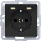 SCHUKO wall socket with earth connection, 2 x USB C (PD), A.x/C.x, black glossy.