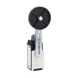 Limit switch, K series, adjustable roller lever, 1 bottom cable entry. Dimensions to EN 50047, plastic body, contacts 1NO+1NC slow action make before break. Rubber roller
