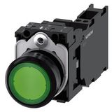 Pushbutton, illuminated, 22 mm, round, plastic, green, 1 NO + 1 NC, 230 V AC