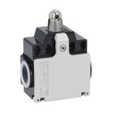 Limit switch, K series, top roller push plunger, 2 side cable entry. Dimensions compatible to EN 50047, metal body, contacts 1NO+1NC snap action. Metal roller