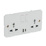 Arteor™ - Multistandard 2x2P+E switched 2 gang socket outlet 16 A 250 V~/ 15 A - 127 V~ with USB charger - Soft Alu