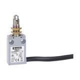 Prewired with 2m long cable metal limit switch, K series, top roller push plunger. M12 head. Contacts 1NO+1NC snap action. Roller operation perpendicular to switch body