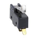 Plastic micro switch, K series, roller centre push lever. 38mm/1.5in long lever. Contacts 1NO/NC. Faston terminals
