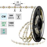 LED strip SMD2216 CW, 300LED/m, 18W/m, DC 24V, 1480lm/m, CRI90, IP20, 8mm, 5m