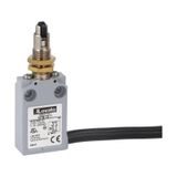 Prewired with 2m long cable metal limit switch, K series, top roller push plunger. M12 head. Contacts 1NO+1NC slow action. Roller operation perpendicular to switch body