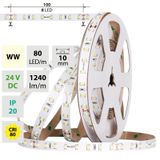 LED strip SMD2835 WW, 80LED/m, 7,2W/m, DC 24V, 1240lm/m, CRI90, IP20, 10mm, 50m