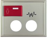 Centre plate 2 plug-in openings, imprint+red button at top, arsys stee