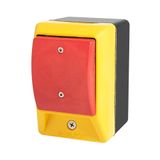 Emergency stop palm switch, momentary, red dome button, with enclosure