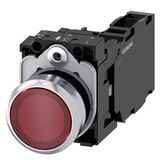 Illuminated pushbutton, 22 mm, round, metal, shiny, red, pushbutton, flat, momentary contact type, with holder,