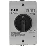 J25/B Main switch, 25 A, surface mounting, 3 pole, Emergency switching off function, With red rotary handle and yellow locking ring, Lockable in the 0 (Off)