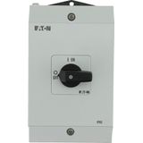 On-Off switch, P1, 40 A, surface mounting, 3 pole + N, with black thumb grip and front plate, hard knockout version
