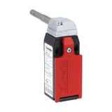 Limit switch, K series, hinge operating, 1 bottom cable entry. Dimensions to EN 50047, metal body, contacts 1NO+1NC slow action. Long solid shaft with reduction