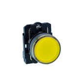 Illuminated pushbutton, Harmony XB5N XB7N, plastic, flush, yellow, 22mm, spring return, 110V AC, 1 NO
