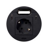 Furniture power socket (schuko grounding) with USB-C 20W charger, USB Type C DATA port and grommet (cable outlet)- 1x HDMI + LAN + 3x USB Type A docking station included, Simon 400 Flash 90, IP20, 16A, black, Mount. dimen.: Ø80mm