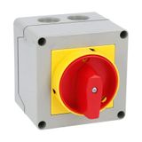 Enclosed rotary cam switch 7GN series, ON-OFF switch 4 poles 25A in plastic enclosure 90X90mm with red/yellow handle