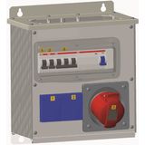 Modular Combi Metal (Enclosure of aluminium with fronts of galvanised steel), One 16A (346-415V) outlet (3P+N+E) and two schuko outlets (2P+E) 10/16A (250 V). MCB S201 C10  and S203 C16, RCDF204 A-25/0,03.
