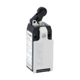 Limit switch, K series, roller centre push lever, 1 bottom cable entry. Dimensions to EN 50047, metal body, contacts 1NO+2NC slow action. Plastic roller