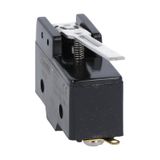 Plastic micro switch, K series, metal lever. 63mm/2.48in long flat lever. Contacts 1NO/NC. Solder terminals