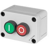Polystyrene push-button enclosure 65x94x57 with 2 guarded push-buttons, green & red  I-O