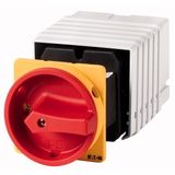 T5-6-8347/V/SVB Main switch, T5, 100 A, rear mounting, 6 contact unit(s), 11-pole, Emergency switching off function, With red rotary handle and yellow locking ring