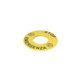 Label with shaped hole, ? 60 mm, yellow disc, writing "STOP EMERGENZA"
