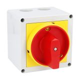 Enclosed rotary cam switch 7GN series, ON-OFF switch 4 poles 32A in plastic enclosure 90X90mm with red/yellow handle