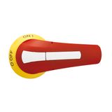 Door-coupling lever handle, padlockable. Red/yellow rotating type with screw fixing on door, 115mm/4.5”; □10mm/0.4”. IEC IP65