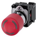 EMERGENCY STOP mushroom pushbutton, illuminable, 22 mm, round, metal, shiny, red, 30 mm, positive latching,