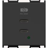 USB Power Supply 2xUSB-C, PD, 65W, 5V, 3A, 2m, Black