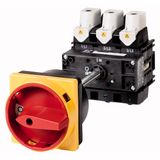 P5-125/V/SVB Main switch, P5, 125 A, rear mounting, 3 pole, Emergency switching off function, With red rotary handle and yellow locking ring, Lockable in the 0 (Of