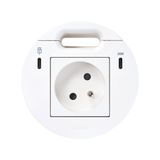 Furniture power socket (pin grounding) with USB-C 20W charger, USB Type C DATA port and grommet (cable outlet)- 1x HDMI + LAN + 3x USB Type A docking station included, Simon 400 Flash 90, IP20, 16A, white, Mount. dimen.: Ø80mm