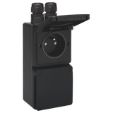 Splashproof double vertical wall socket with pin earthing, shutters and screw terminals; includes box with two inputs on the upper side, black