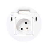 Furniture power socket (pin grounding) with USB-C 100W charger and grommet (cable outlet), Simon 400 Flash 90, IP20, 16A, white, Mount. dimen.: Ø80mm