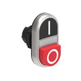 Double-touch actuator, spring return, white indicator Ø22mm Platinum series chromed plastic, 1 extended and 1 flush pushbuttons. Both spring return, Black - Red/I - 0