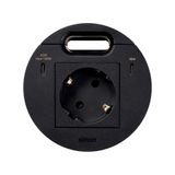 Furniture power socket (schuko grounding) with USB-C 100W charger and grommet (cable outlet), Simon 400 Flash 90, IP20, 16A, black, Mount. dimen.: Ø80mm