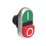 Double-touch actuator, spring return Ø22mm Platinum series chromed plastic, 1 extended and 1 flush pushbuttons. Both spring return, Green - Red/I - 0