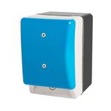 Palm switch, momentary, blue mushroom button, with enclosure