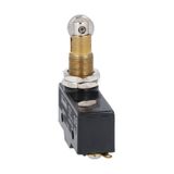 Plastic micro switch, K series, top roller push plunger. M12 fixing head, 90° roller. Contacts 1NO/NC. Solder terminals