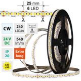 LED strip SMD2835 CW, 240LED/m, 6W/m, DC 24V, 540lm/m, CRI90, IP20, 8mm, 50m